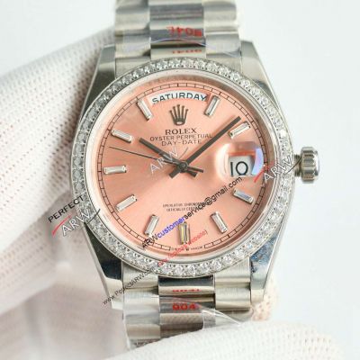 Swiss Clone Rolex Day Date 36mm Pink Baguette Diamond Bezel Watch